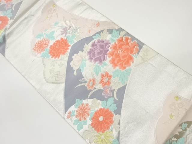 変わり扇に花丸文様織出し袋帯